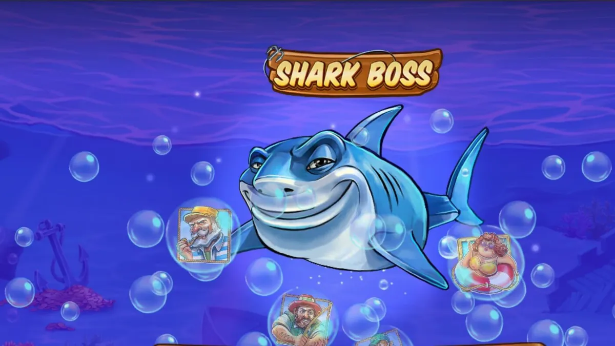 Isang makulay na screenshot ng Shark Boss slot na nagpapakita ng pating sa bangka at ang fishing feature.